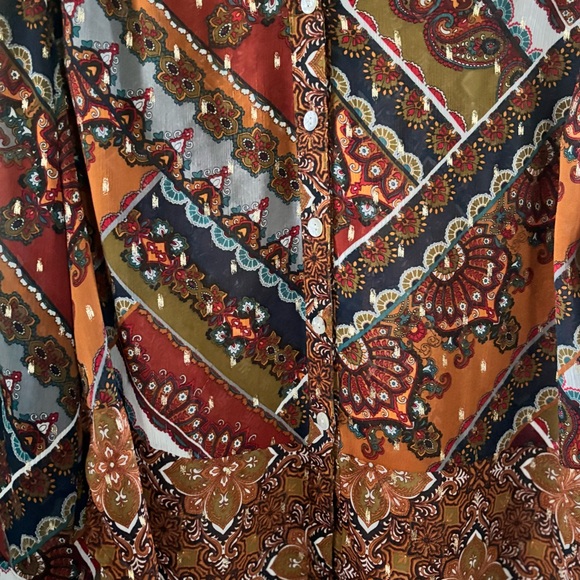 Fig & Flower for Anthropologie, fall button up tunic w/multi print, gold accents - Picture 3 of 6